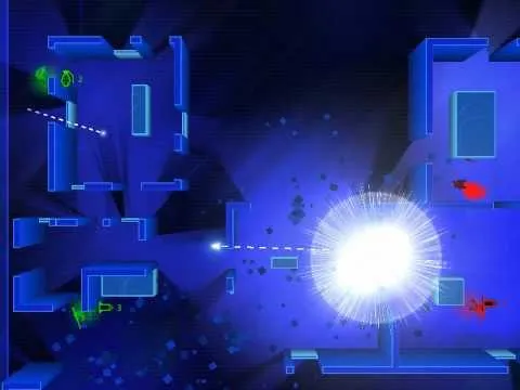 A rocket detonating in the centre of the map, green units holding cover on the left with firing lines drawn across the gap towards two red units on the right.